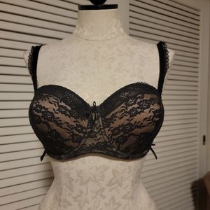 Adore Me Bra Black Lace/Nude side lace up 36Dd